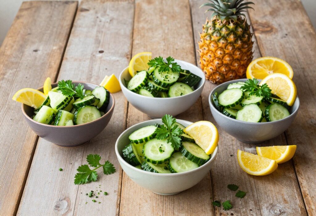 Assortment of colorful low-carb cucumber salads in bowls on a wooden table