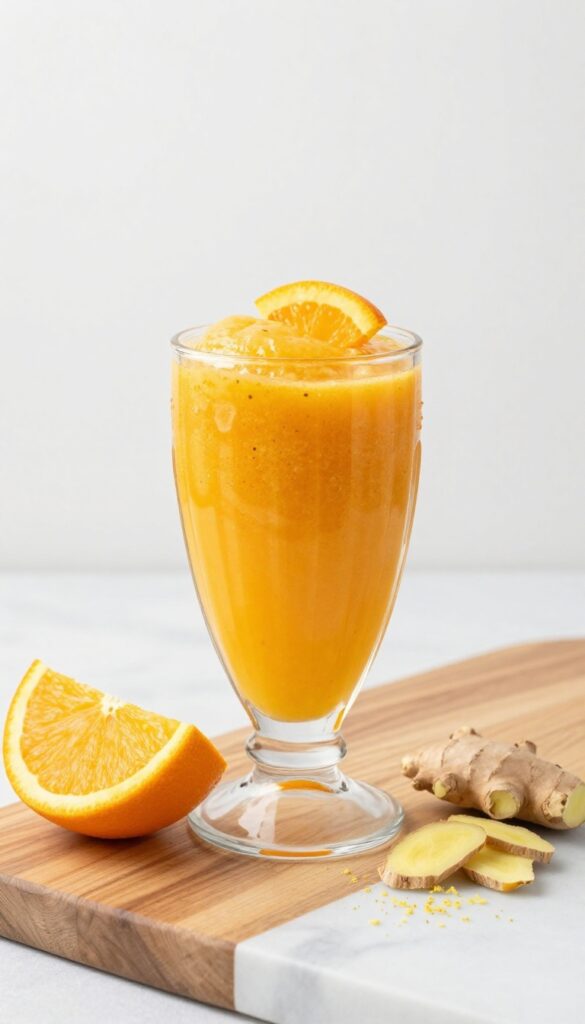 A bright orange smoothie in a clear glass with an orange slice garnish and grated ginger specks, representing the Citrus Zinger Immune Booster recipe from a protein powder smoothie listicle.