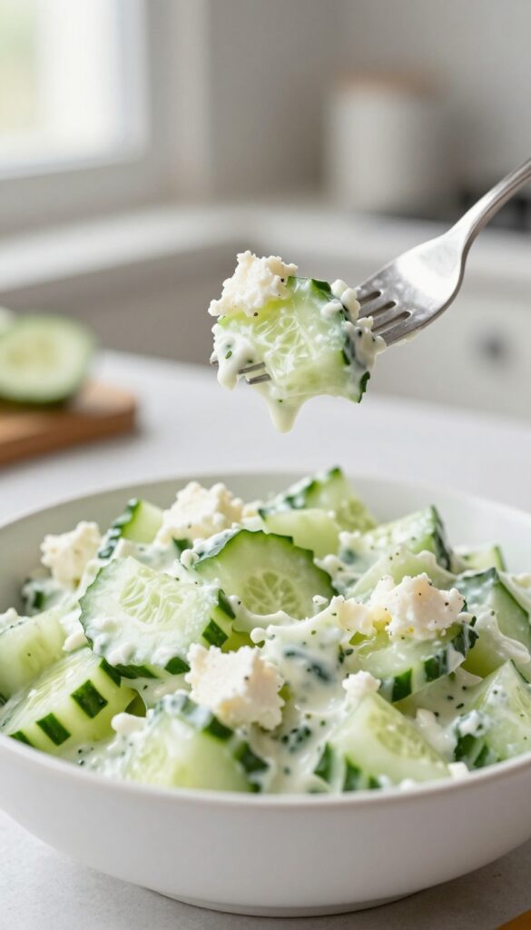 Close-up of creamy cucumber salad with a fork taking a bite.