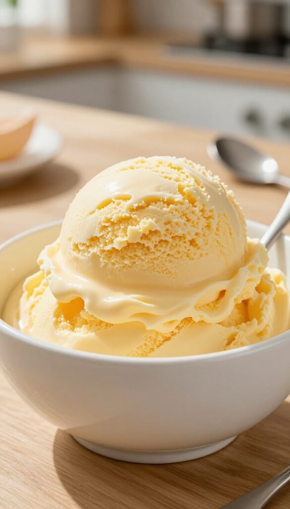 A scoop of homemade egg yolk ice cream in a white bowl on a wooden table, with natural light and a blurred kitchen background.