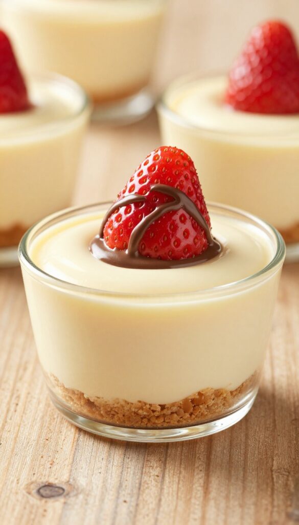 A close-up of a no-bake cheesecake cup with graham cracker crust, creamy filling, strawberry topping, and chocolate drizzle, presented in natural light