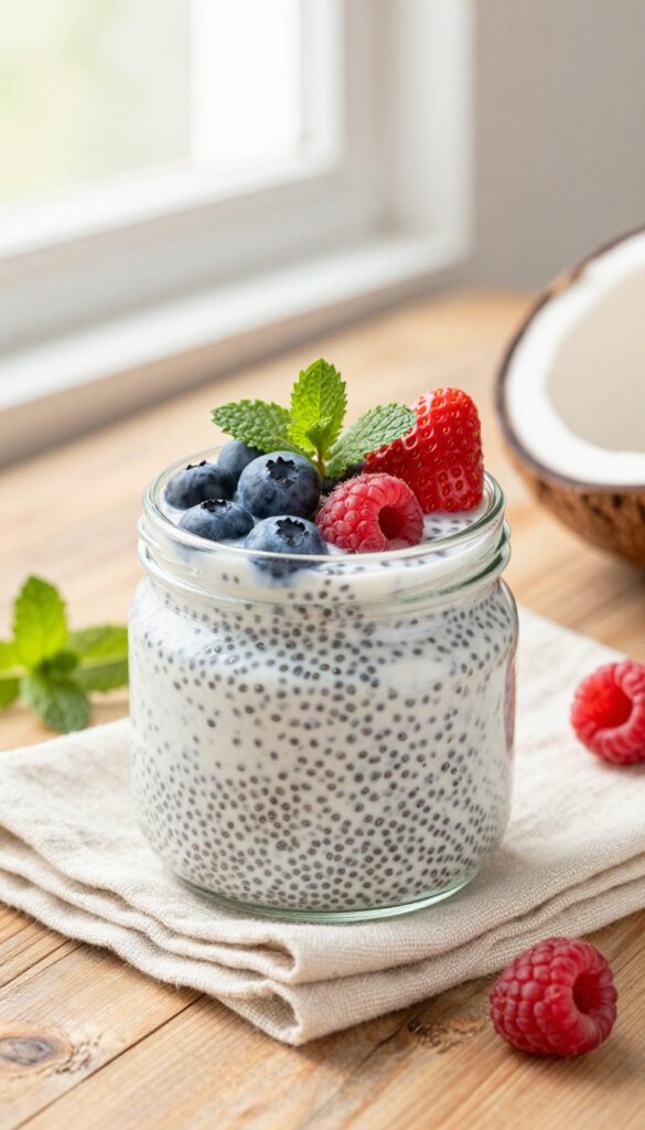 Coconut chia pudding topped with fresh berries in a glass jar on a wooden table.