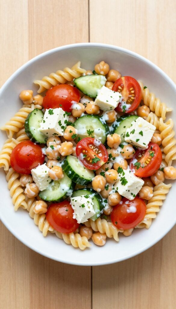 Mediterranean chickpea and feta pasta salad with Greek yogurt dressing in a white bowl on a wooden table.