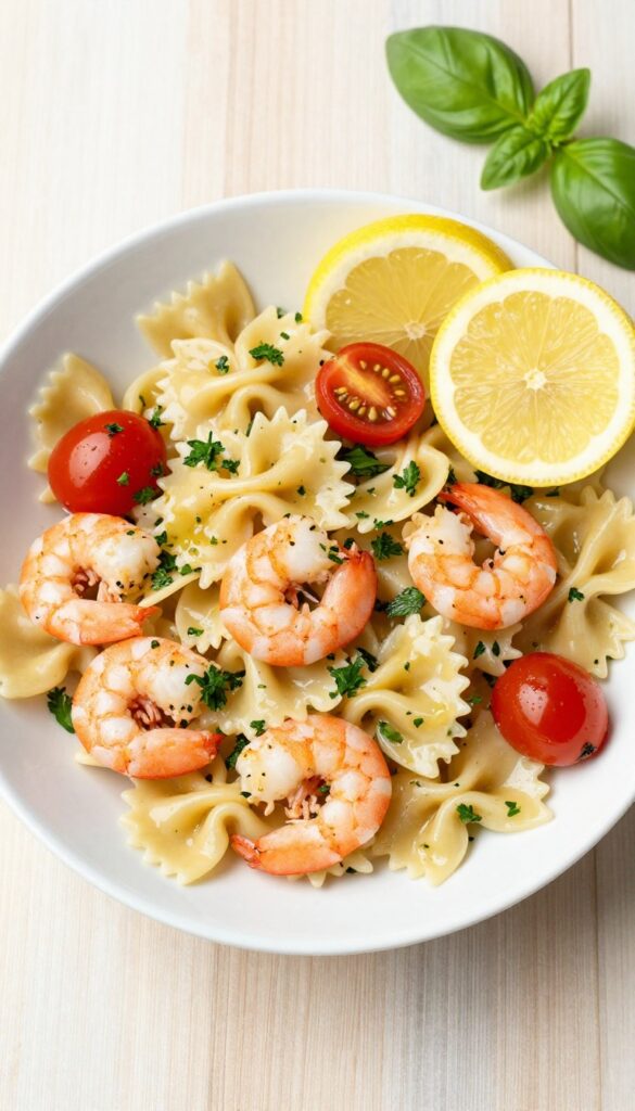 Lemon herb shrimp and bowtie pasta salad in a white bowl with cherry tomatoes and fresh herbs