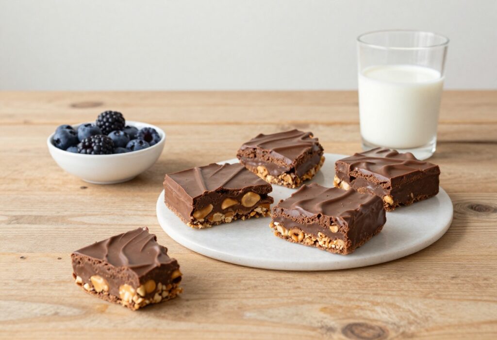 Assorted quick desserts on a wooden table with no-bake chocolate peanut butter bars and fresh berries