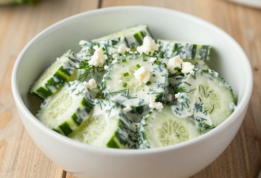 Bowl of cool ranch cucumber salad with fresh herbs and crumbled cheese on a wooden table.