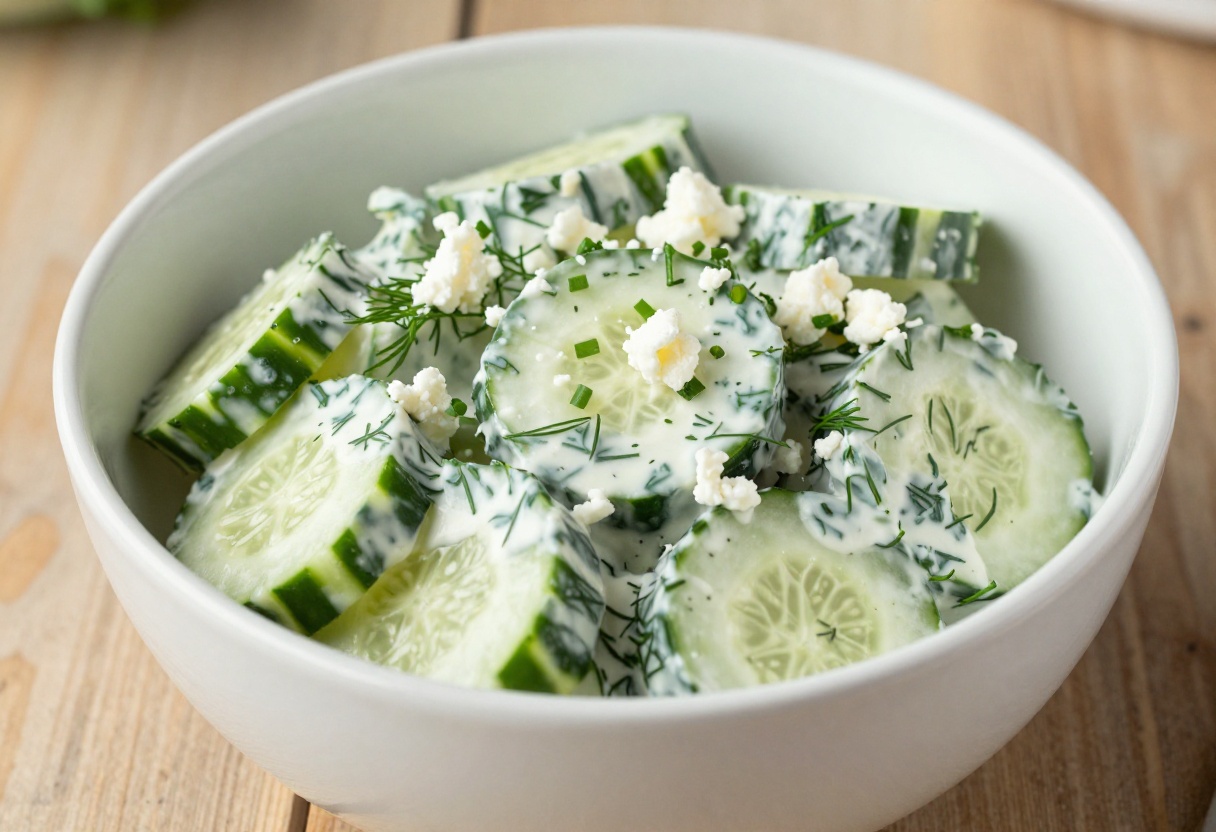 Bowl of cool ranch cucumber salad with fresh herbs and crumbled cheese on a wooden table.