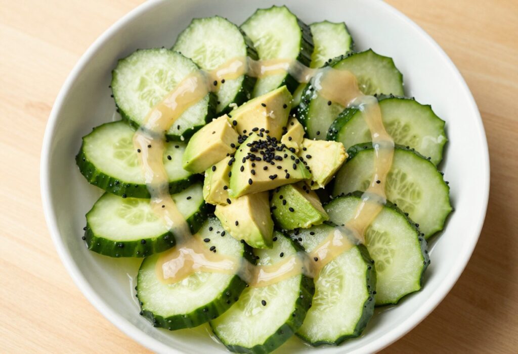 Fresh sushi-inspired cucumber salad with avocado in a white bowl
