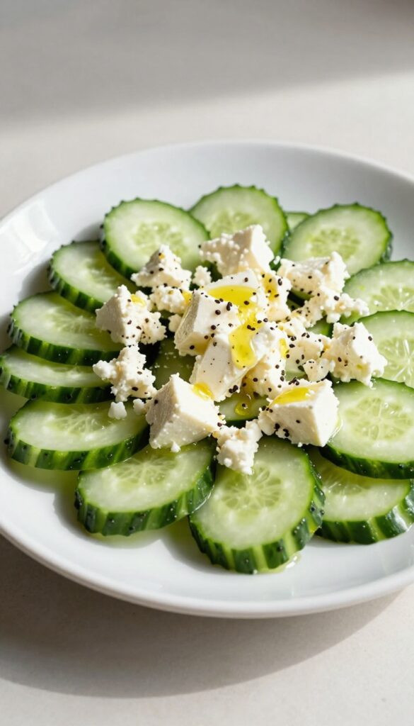 A close-up of a cucumber and feta salad with olive oil drizzle, showcasing tender cucumber slices and creamy feta cheese in a bright, natural setting, perfect for a BBQ side dish.