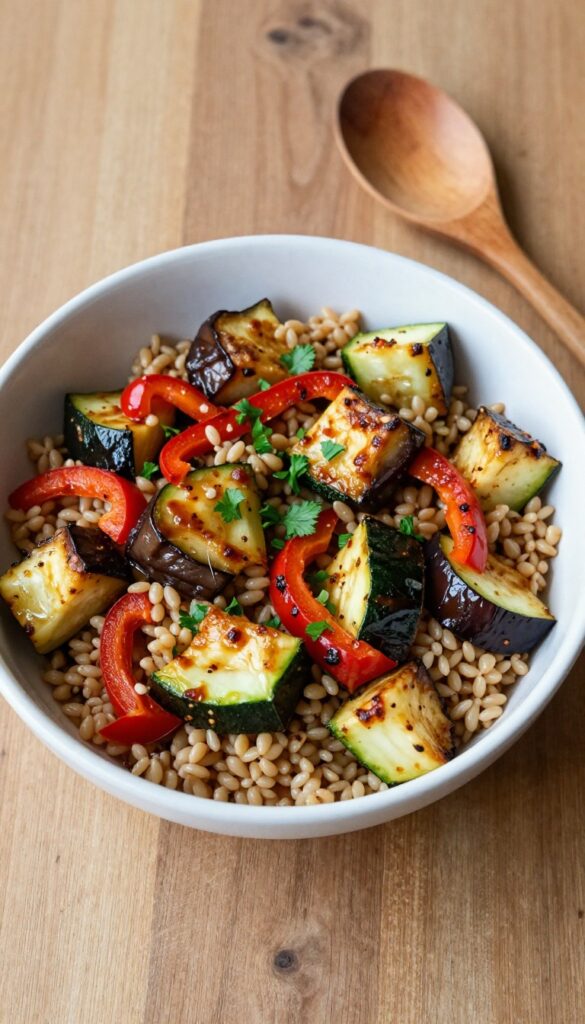 Roasted veggie farro pasta salad in a white bowl on a wooden table with fresh parsley garnish
