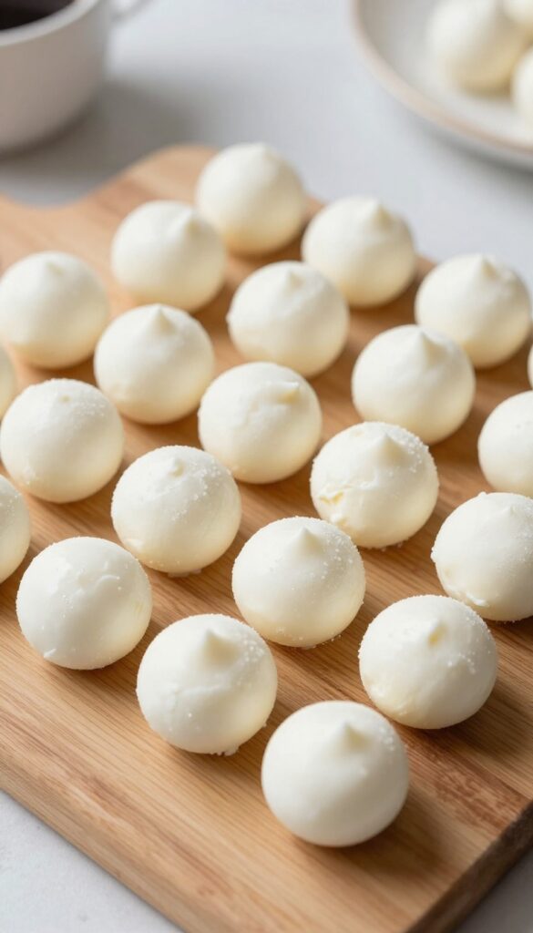 Frozen cream fat bombs on wooden board