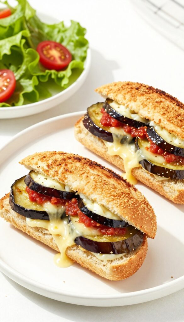 Eggplant Parmesan sandwich on a hoagie roll with melted cheese and marinara sauce, served with a side salad.