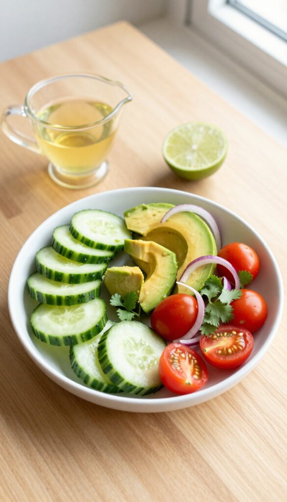 Cucumber and avocado salad with cherry tomatoes and lime vinaigrette in a white bowl on a wooden table.