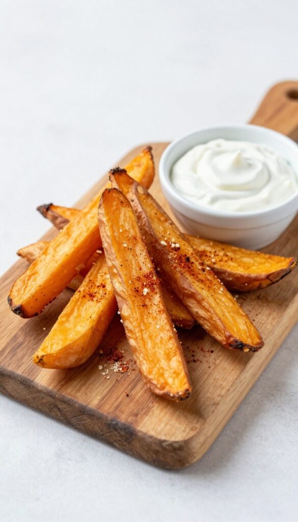 Baked sweet potato fries with garlic yogurt dip, a cholesterol-friendly recipe, arranged on a wooden board in natural light.