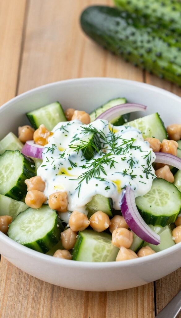 A vibrant bowl of cucumber and chickpea salad with dill dressing on a rustic table