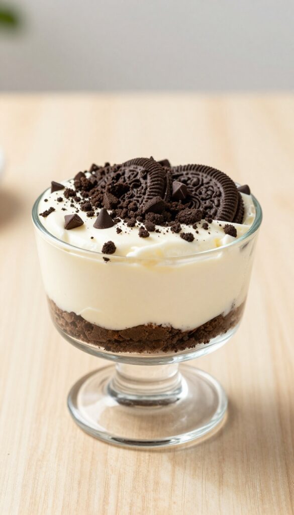A small glass cup containing a no-bake Oreo cheesecake with a cookie crumb base, creamy filling, and crushed Oreo topping, presented in bright natural light on a wooden table.