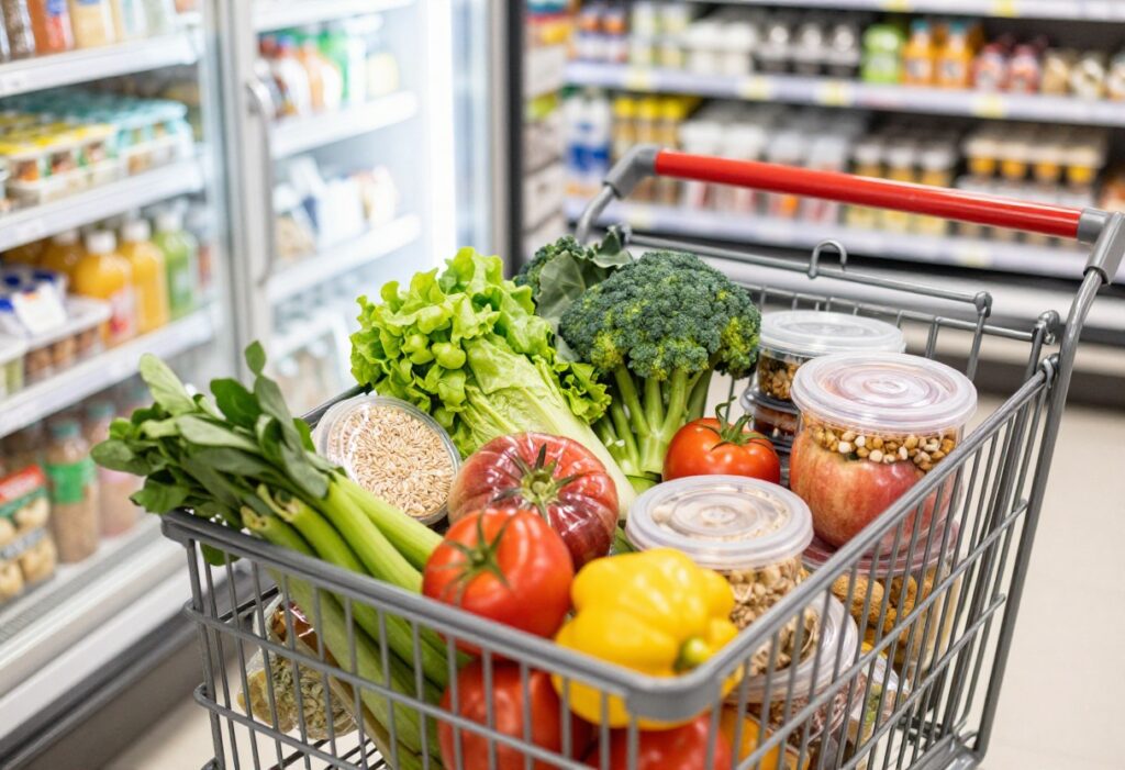 Grocery cart with heart-healthy foods like fruits, vegetables, and oats