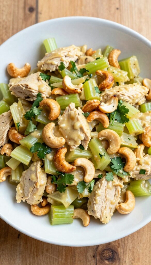 Bowl of crunchy cashew and celery curry chicken salad with fresh cilantro on a wooden table.