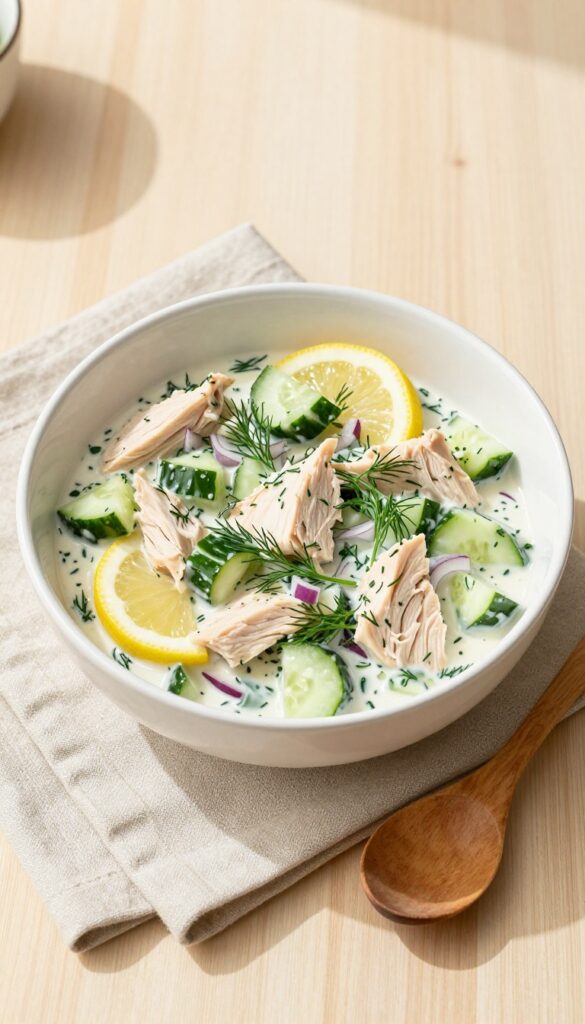 Cucumber and dill chicken salad in a white bowl with fresh dill and lemon garnish on a wooden table