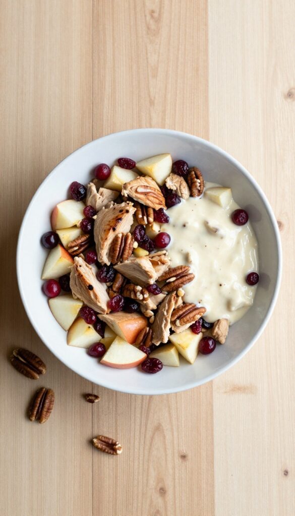 Classic cranberry apple chicken salad with pecans in a white bowl on a wooden table, surrounded by scattered cranberries, apple slices, and pecans.