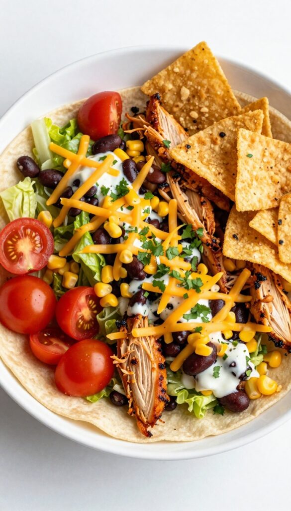 Crunchy BBQ Chicken Taco Salad in a crispy tortilla bowl with shredded chicken, lettuce, tomatoes, black beans, corn, cheddar, ranch dressing, and crushed tortilla chips.