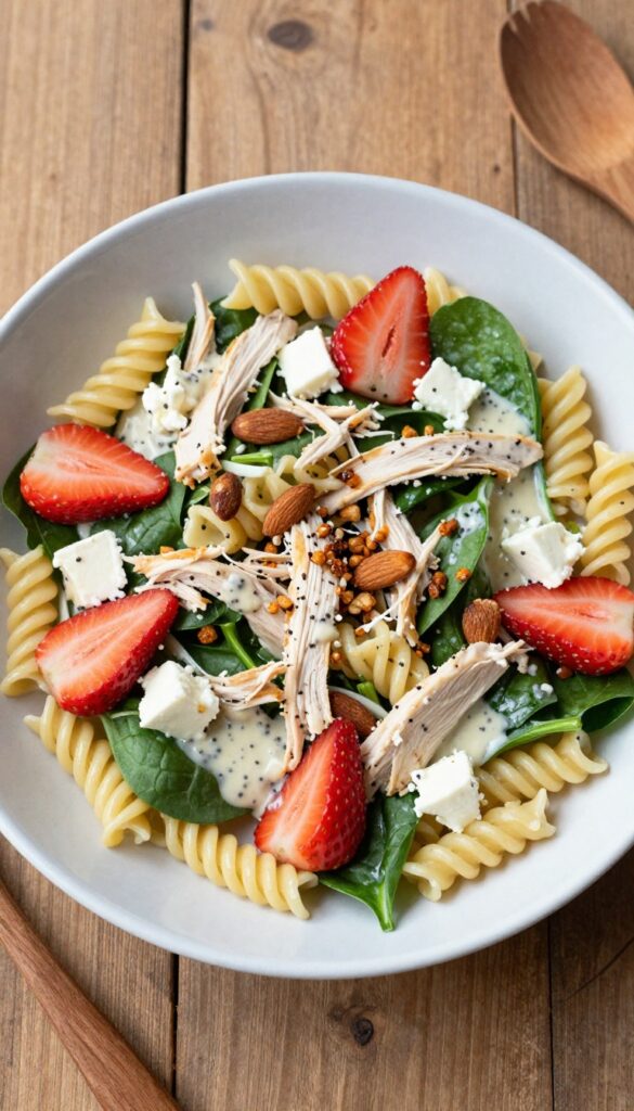 Spinach and strawberry chicken pasta salad with poppy seed dressing on a wooden table.