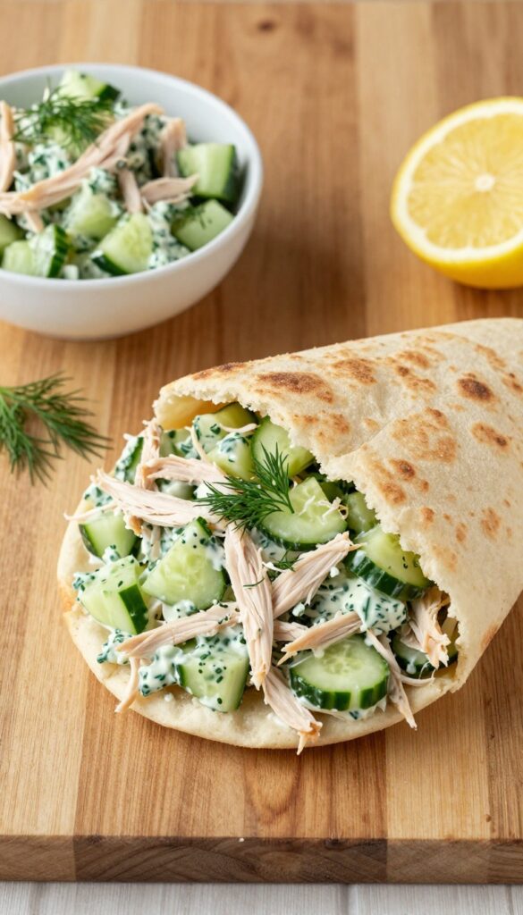 Pita pocket stuffed with creamy cucumber dill chicken salad, with extra salad and lemon wedges on a wooden table.