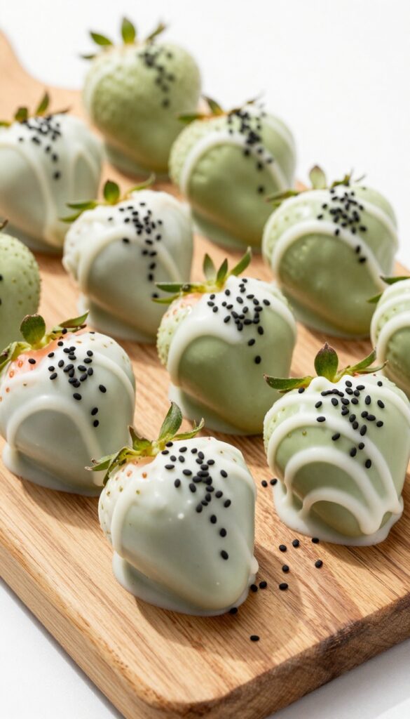 White chocolate matcha drizzle strawberries on a wooden board