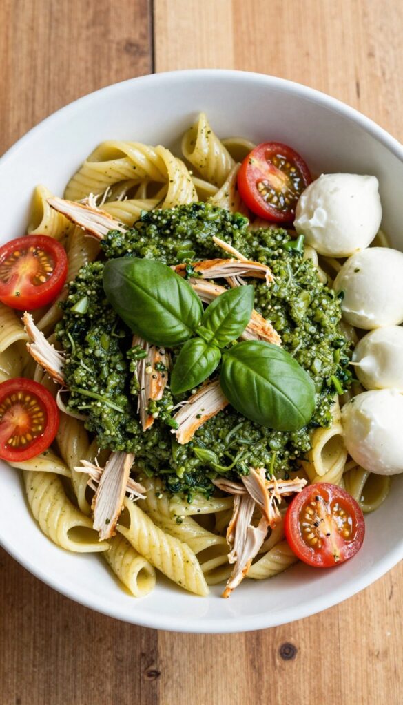 Pesto chicken pasta salad with cherry tomatoes and mozzarella in a white bowl on a wooden table.