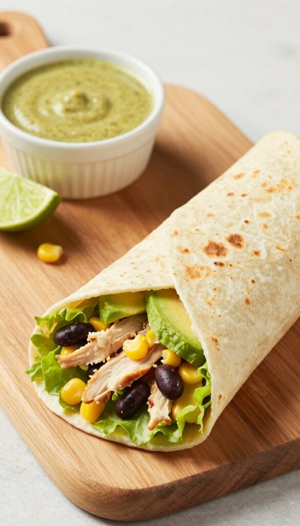 Creamy Southwest chicken salad wrap sliced in half on a wooden board with avocado, black beans, corn, and lettuce filling.