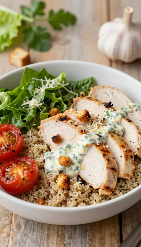 Roasted Garlic Caesar Chicken and Quinoa Bowl with tomatoes, croutons, and creamy dressing