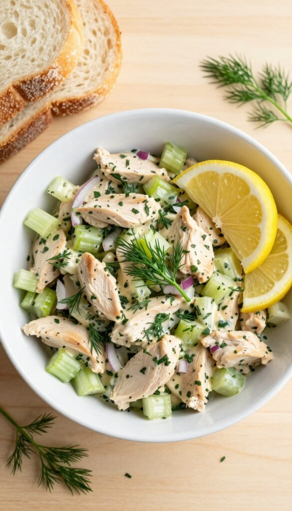 Herb and lemon chicken salad in a white bowl with fresh dill and lemon garnish on a wooden table