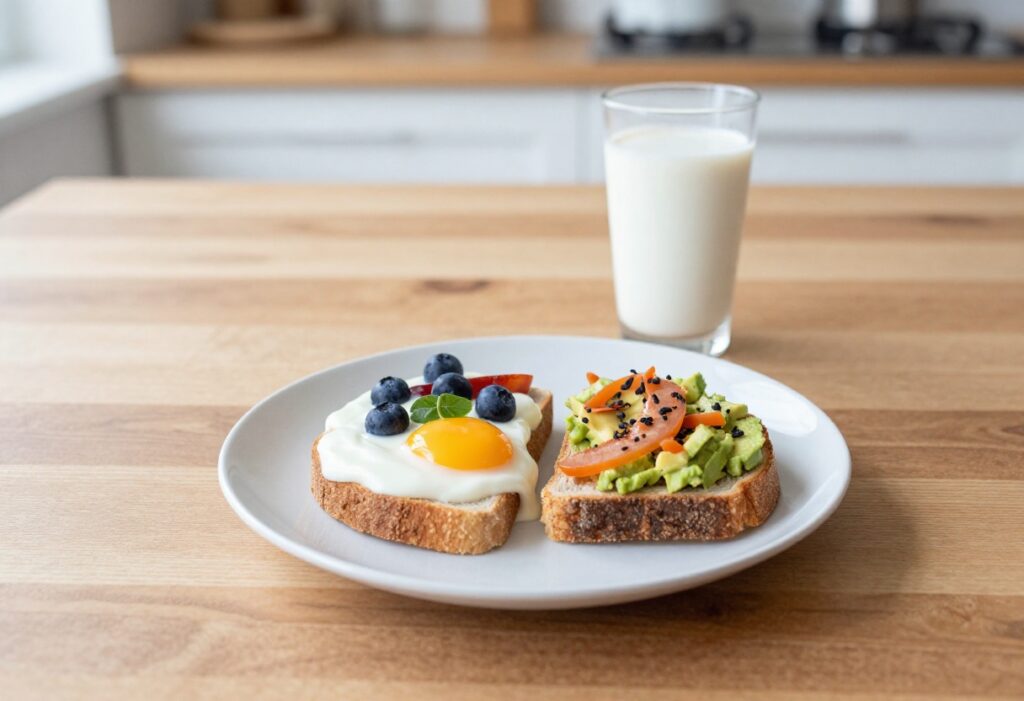 Healthy breakfast spread with yogurt parfait, smoothie, and avocado toast