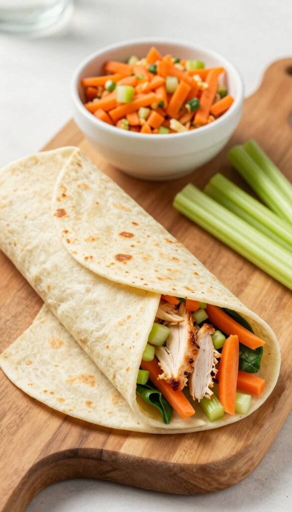 Crunchy chicken salad wrap cut in half on a wooden board, showing chicken, celery, carrots, and spinach filling.