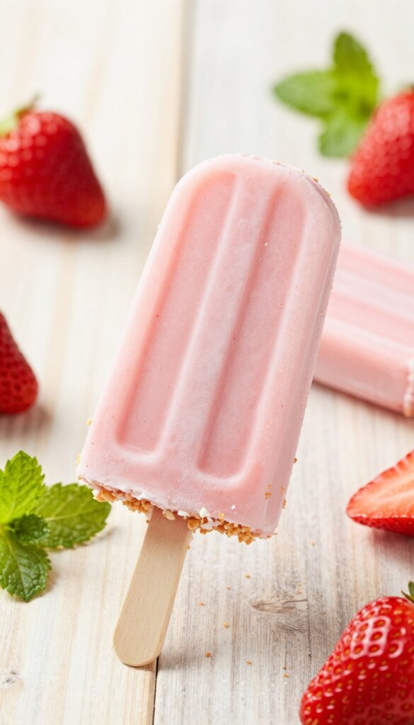 Mini strawberry cheesecake popsicle on a stick with graham cracker coating, fresh strawberries and mint in background.