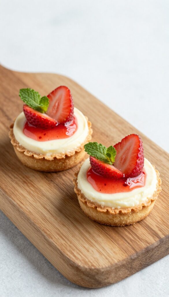 Two mini keto strawberry cheesecakes on a wooden board with strawberry sauce and mint garnish.
