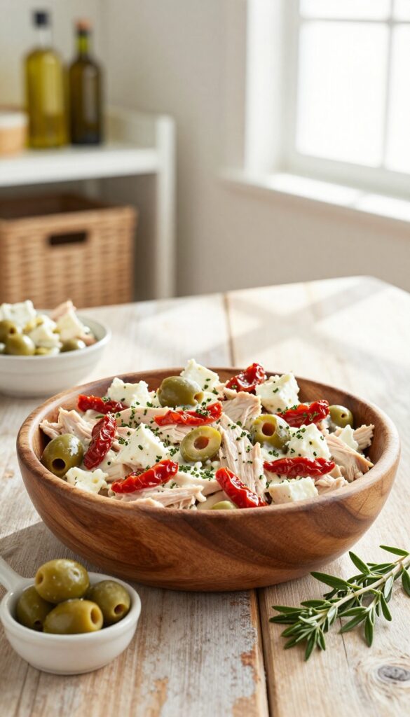 Creamy Mediterranean chicken salad with feta, sun-dried tomatoes, and olives in a wooden bowl on a rustic table.