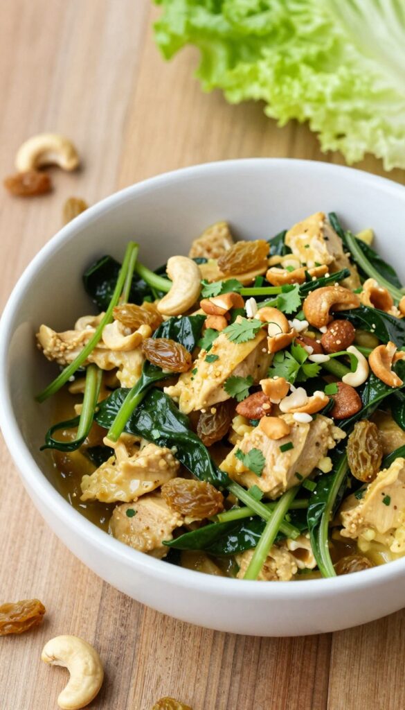 Creamy curry chicken salad with golden raisins and cashews served on butter lettuce leaves