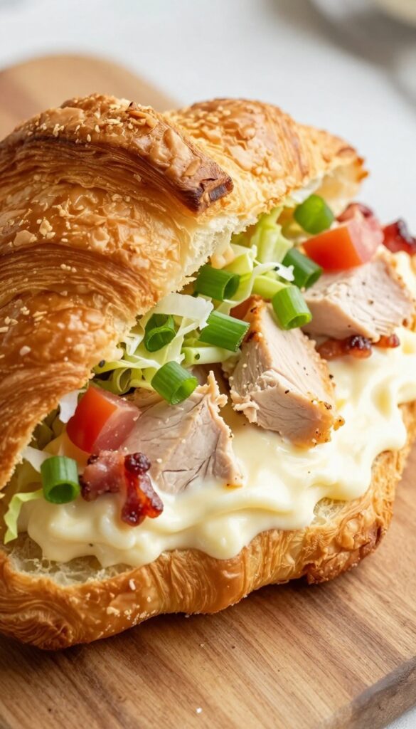Buttery croissant filled with creamy BLT chicken salad, topped with bacon, green onions, tomatoes, and lettuce.