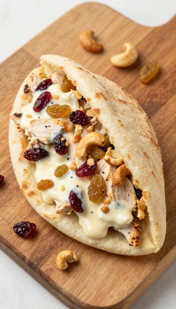 Warm pita pocket filled with spiced cranberry chicken salad, dried cranberries, golden raisins, and cashews on a wooden board.