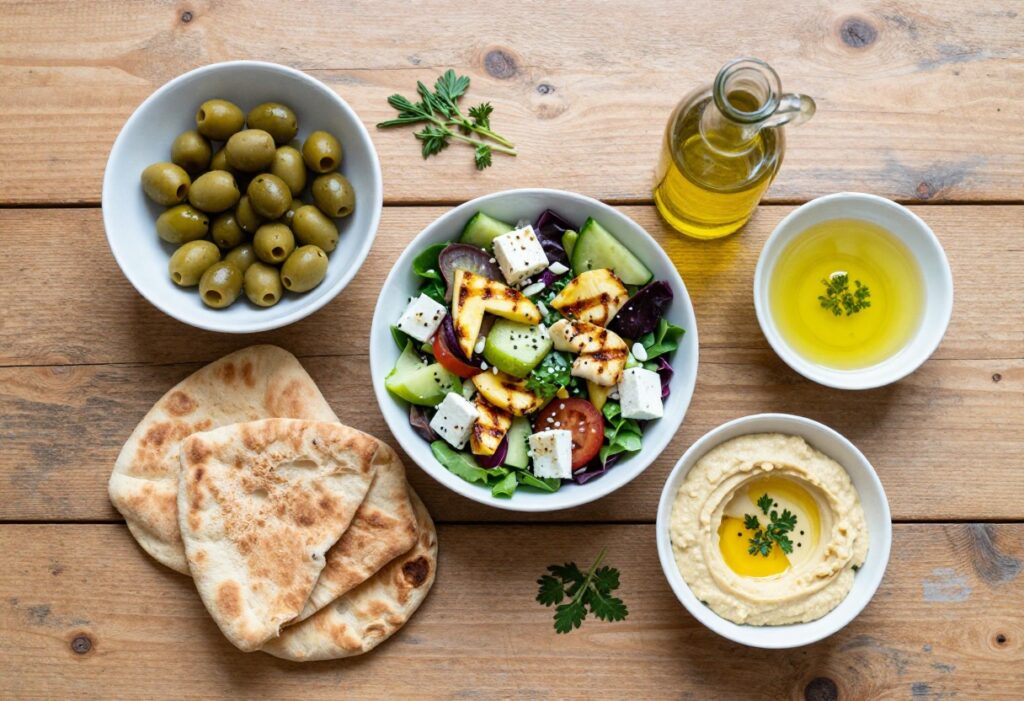 Mediterranean diet foods arranged on a wooden table