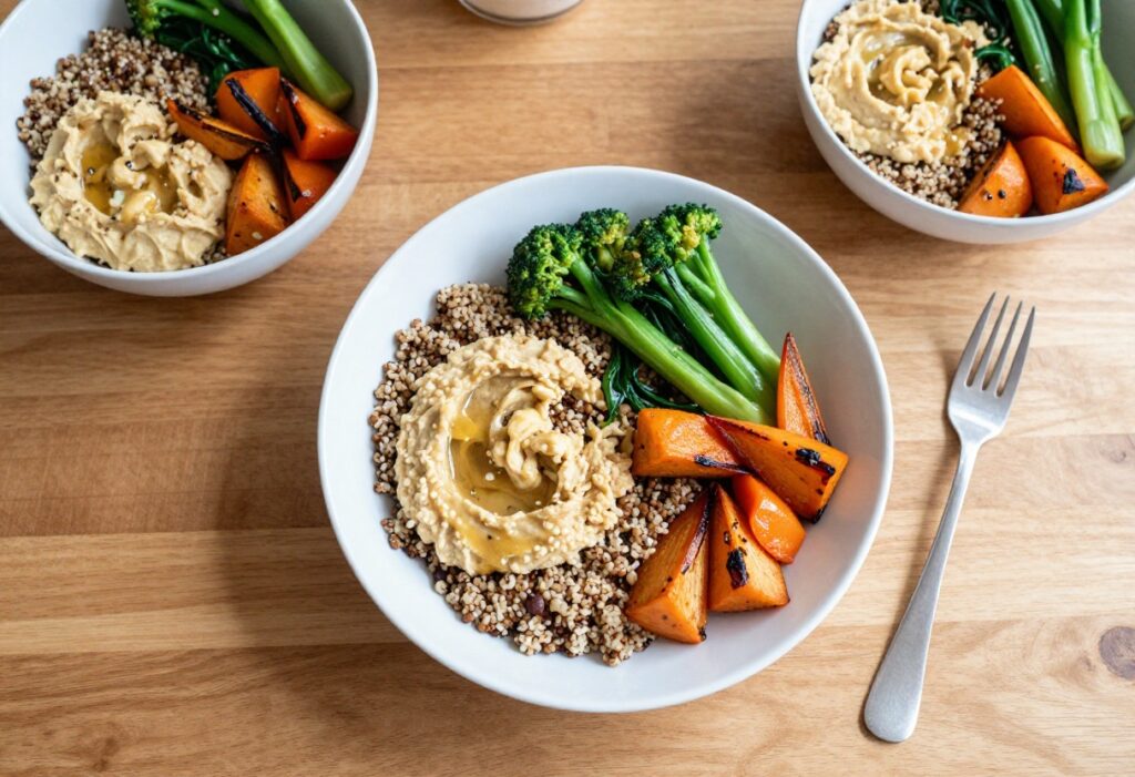 Colorful vegetarian meal with quinoa, roasted vegetables, and hummus on a wooden table
