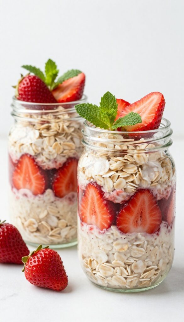 Strawberry overnight oats parfait in glass jars with layered oats and strawberry compote, garnished with fresh strawberries and mint.
