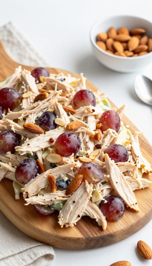 Creamy chicken salad with red grapes and toasted almonds on a wooden board