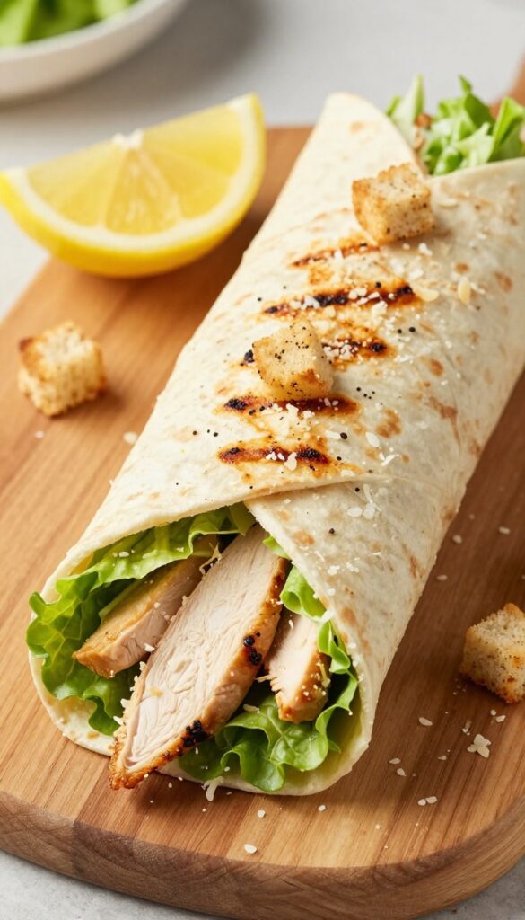Classic Grilled Chicken Caesar Wrap cut in half on a wooden board with lemon wedge and croutons.