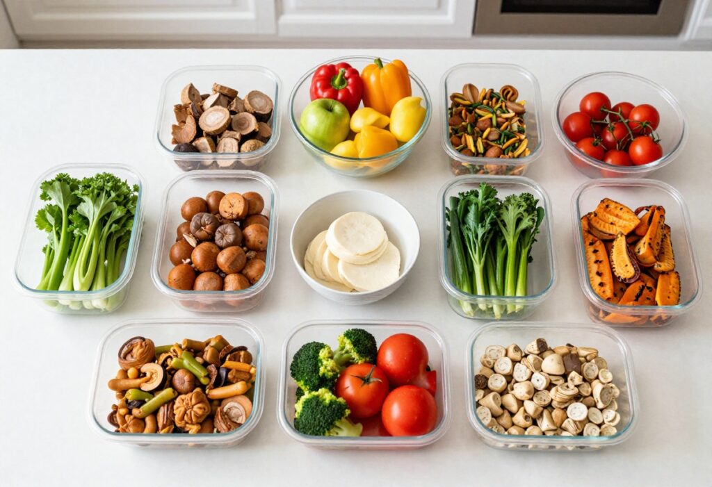 Assorted high-protein foods on a wooden table including chicken, salmon, eggs, yogurt, almonds, and quinoa.