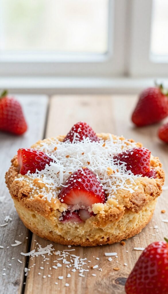 Coconut strawberry blondie with toasted coconut topping on a wooden table