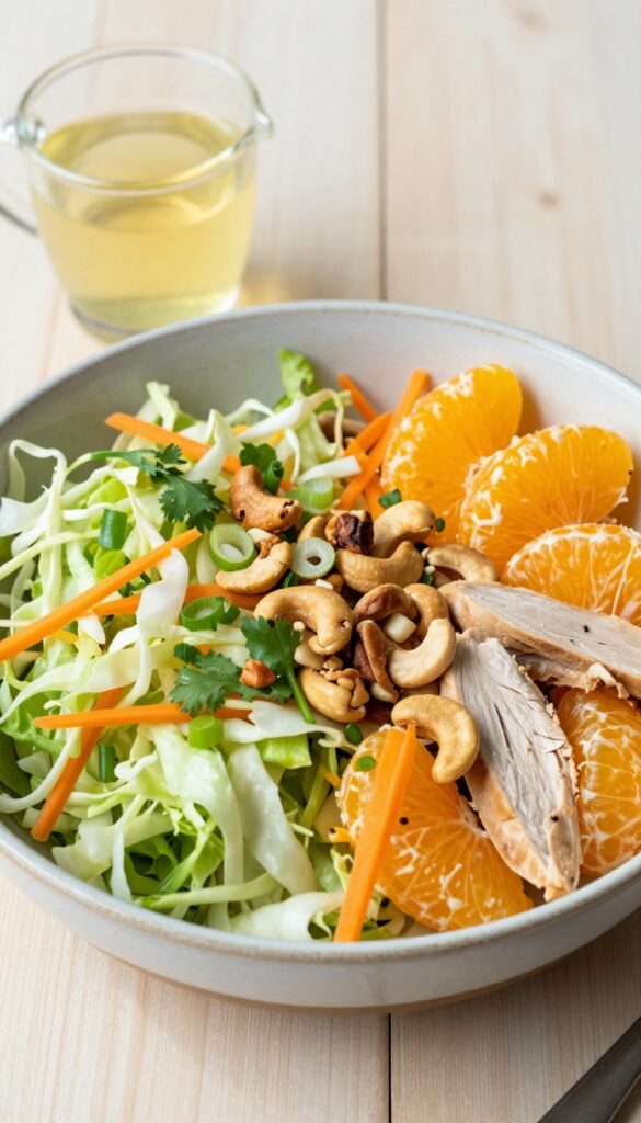 Mandarin Orange and Cashew Chicken Salad in a bowl with ginger-lime dressing