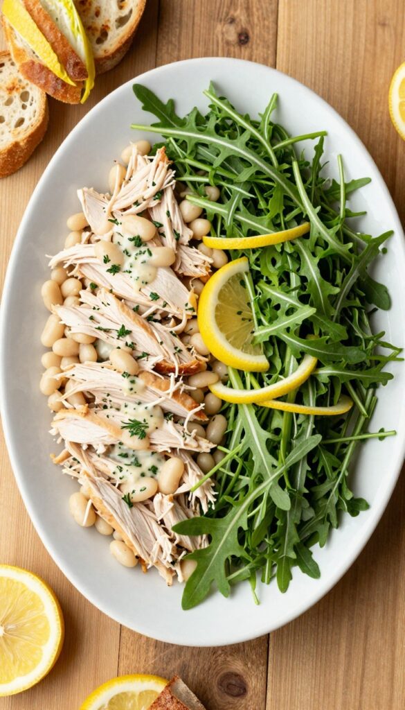 Lemon herb chicken salad with white beans and arugula on a platter with lemon slices and fresh herbs, served with crostini and endive spears.