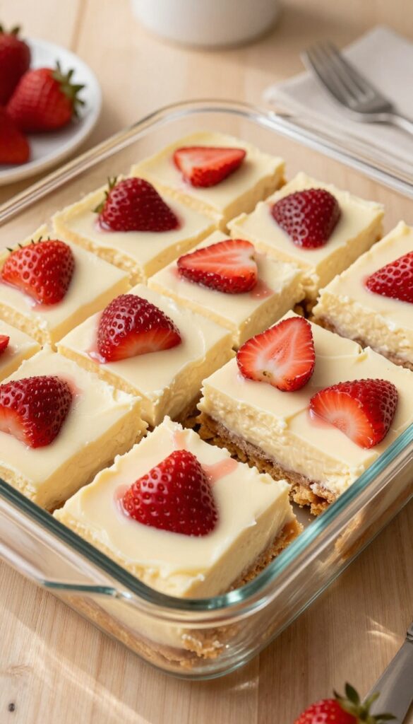 No-bake strawberry cheesecake bars with cookie crust and fresh strawberry topping